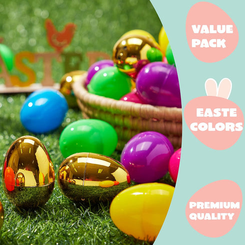 150PCS 2.3" 144PCS 6PCS JOYIN Easter Eggs, Plastic Colorful with Golden Eggs Bulk Empty Fillable for Easter Hunt Party