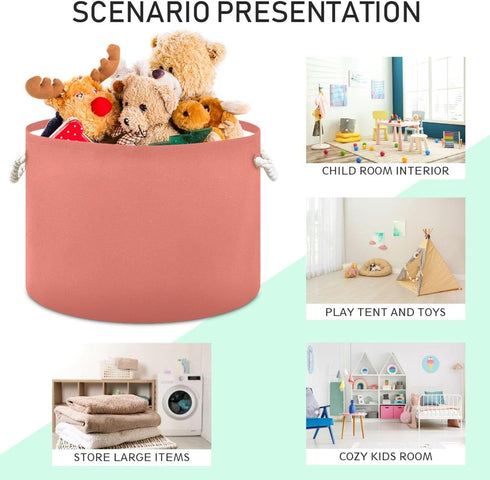 Round Canvas Toy Storage Bin for Kids - Salmon Color Organizer Basket