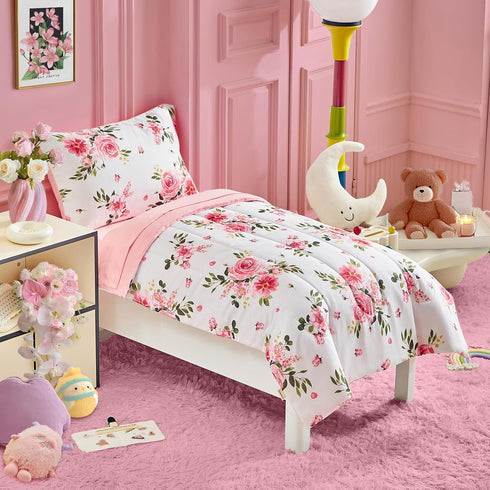 Set 4 Set Flower Toddler Bedding for Girls Pieces White Floral Toddler Bed with Pink Roses and Green Leaves - Includes