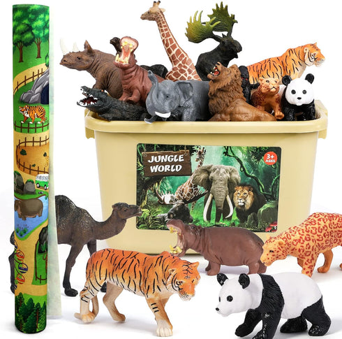 57x38.5Jumbo Mat,12PCS Playset FRUSE Safari Animals Figures Toys w/ Play Realistic Jungle Wild Zoo Animals Figurines