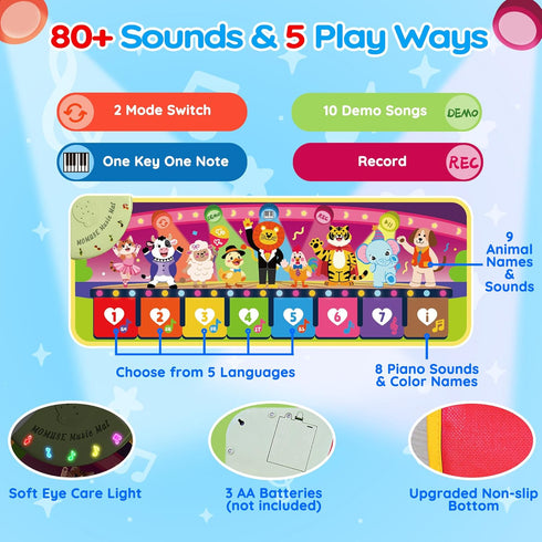 5-Language 1 2 3 4 9 1+ MOMUSE Music Piano Mat (EN/DE/FR/IT/ES) for Year Old Boys Girls, Multilingual Education Baby