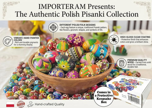 Importer AM Set 6 Polish Easter Hand Painted Wooden Eggs (Pisanki) Decorative Eggs for Easter of Medium Eggs