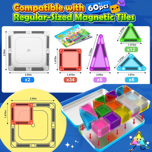 60PCS Soyee Mini Travel Magnetic Tiles with Metal Tin Case Toddler Kids Toys Travel Essentials, Toddler Travel Toys