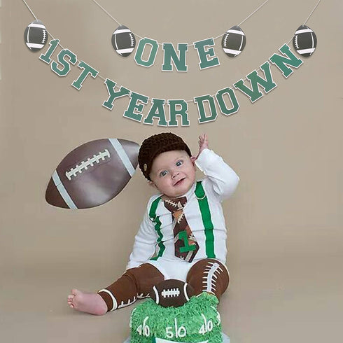 Football 1st Year Down Banner - First Birthday Party Decorations, Super Bowl Sports Party Personalized Theme Banner