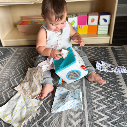 6-12 100% Quiggly Soft Fabric Tissue Box Toy for Babies- Montessori Sensory Development Toy for Month Olds - Cotton