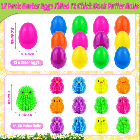 NAWITDA 12 Pack Easter Eggs Fillers with LED Chick Puffer Balls, Easter Eggs Filled with Light Up Fidget Stress Toys
