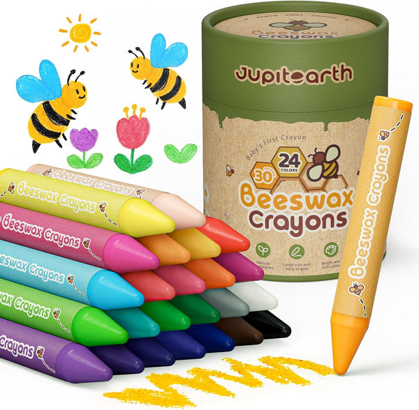 JUPITEARTH 24 Non-Toxic Beeswax Crayons, Jumbo Crayons for Toddlers 13, Silky &