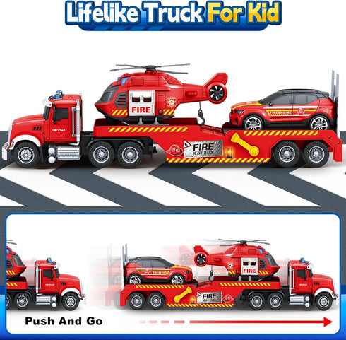3 4 5 6 7, SpringFlower Extra Large Fire Truck Toys for Boys Girls with Racing Car and Helicopter, Lights, Sounds, Semi