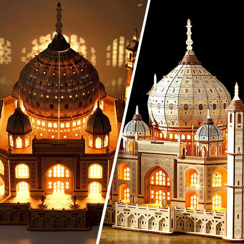 3D Wooden Puzzle for Adults, Taj Mahal Wood Model with LED Light, Self-Assembly Mechanical Building Kit
