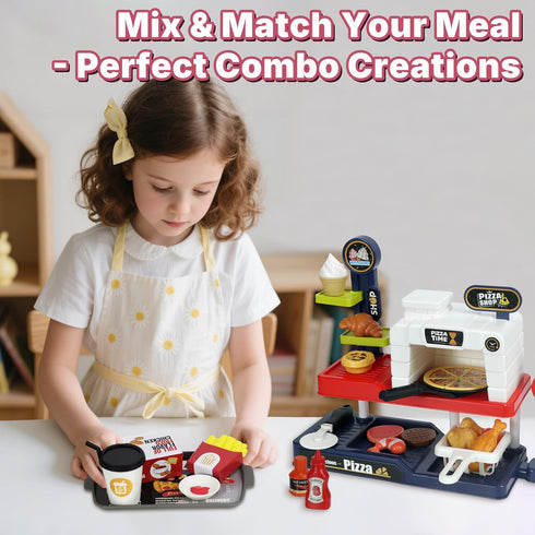 KiddoKraft Set 3-6 Kids Pizza Play Pretend Pizza Kitchen Toy with Cutting Food, Grill, Fryer, Cash Register