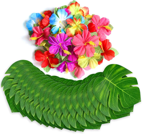 60Pcs Tropical Party Decorations, Artificial Palm Leaves & Hibiscus Flowers for Hawaiian Luau, Jungle Beach Theme