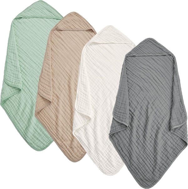 Muslin Hooded Baby Towels 4Pack - 32x32 Inches, Premium 6-Layer 100% Cotton