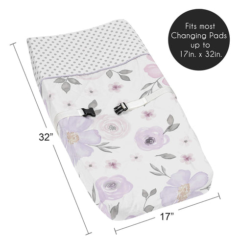 Sweet Jojo Designs Lavender Purple, Pink, Grey and White Changing Pad Cover for Watercolor Floral Collection - Rose