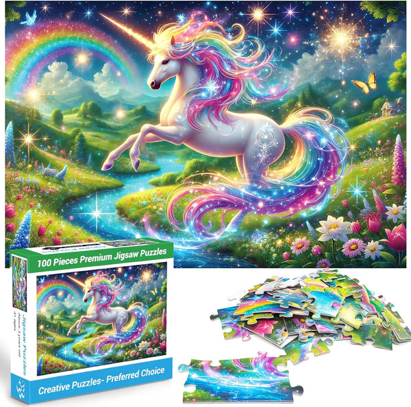 100 Piece Puzzles Rainbow Unicorn Puzzle for Kids Ages 4-8 8-10, 100