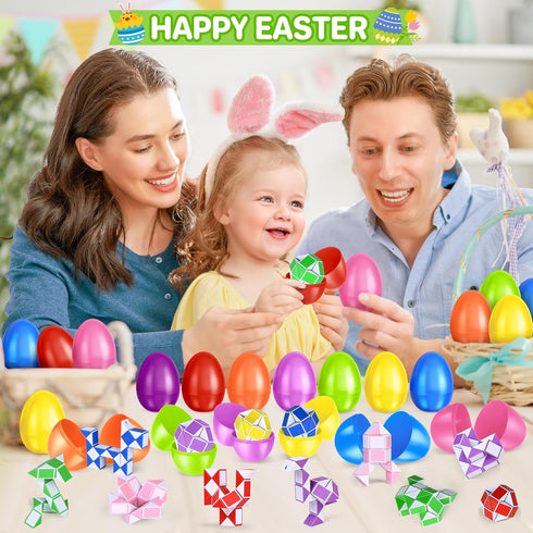 24 Pack Prefilled Easter Eggs with Snake Twist Toys, Blocks Fidget Toys Easter Gifts for Easter Hunt, Basket Stuffers