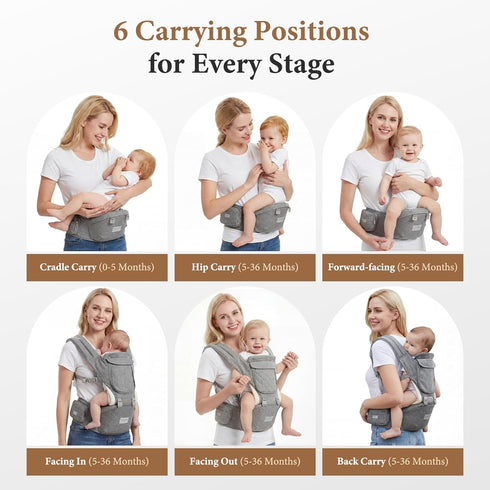 6-in-1 7-41 lbs, Baby Carrier, Newborn to Toddler, Carrier with Hip Seat Lumbar Support Adjustable Baby Holder Carrier