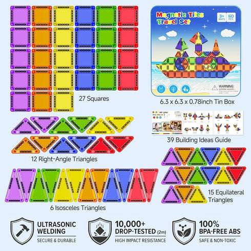 60 Set WMXDU PCS Magnetic Tiles Travel for Kids, Portable Magnetic Building Blocks with Tin Box, Car Rides Airplane