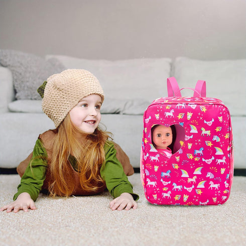 K.T.Fancy 7 PCS 18 Inch Dolls Bag Carrier Set, Includes Doll Clothes, Shoes, Sunglasses, Backpack, Toy Unicorn