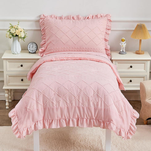 4 Set Set Set Piece Boho Tufted Toddler Bedding for Girls Pink Ruffle Crib Bed Sheets Soft Jacquard Embroidery Toddler