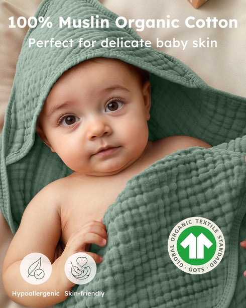 2 Pack 100% Kids,37.5"x37.5",Soft Yoofoss Hooded Baby Towels for Newborn Muslin Organic Cotton Baby Bath Towel