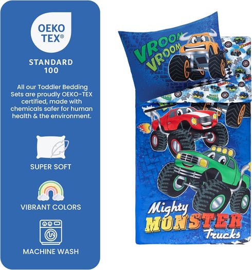 Set 4-Piece Sets Todays Kids Monster Trucks Toddler Bedding for Boys - Toddler Bed Comforter for Boys, Reversible