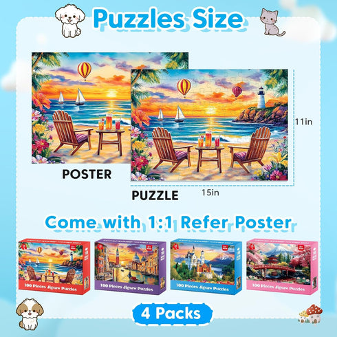 Ciavotie 100 4-6 6-8 4 Packs Piece Puzzle World Famous Landscapes Jigsaw Puzzles Large Piece Puzzles for Adult Seniors