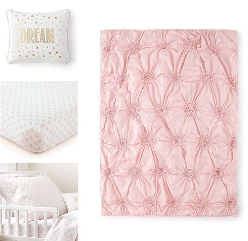 Set Rosette 5 Set Levtex Baby - Willow Toddler Bed - Pink - Soft Pintuck - Piece Includes Reversible Quilt, Fitted