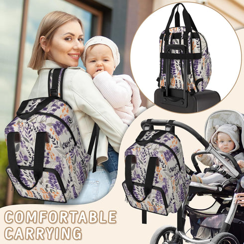Eativisa Backpack-Multi-functional Lavender flowers Diaper Bag mother and baby bag Thermal compartment USB charging