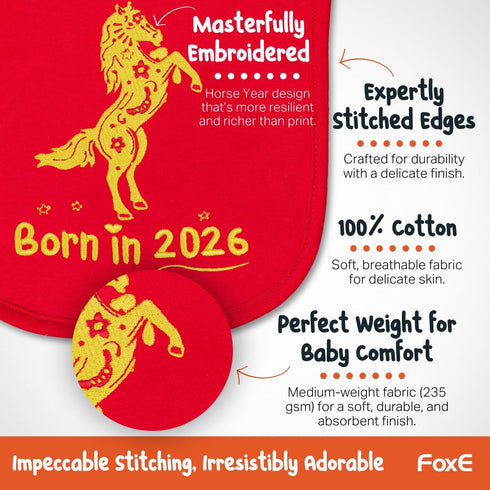 Set 2026 Set 100% 0-24 FoxE Year of the Horse Gift Born in - Bib, Beanie & Plush Toy Gift - with Chinese New Year Red