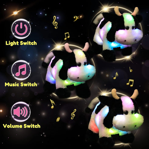 12'' Hopearl LED Musical Stuffed Cow Lighting Up Singing Plush Toy Adjustable Volume Lullaby Animated Soothe Birthday
