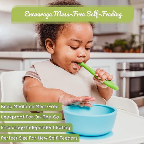 WeeSprout Suction Bowls for Baby & Toddlers (Set of 2) - 100% Silicone with Plastic Lid, Leak Proof, Dishwasher &