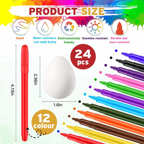 24 Pcs DIY Easter Eggs for Kids with 12 Color Markers, White Squeeze Creamy Slow Rising Balls Sensory Fidget for Anxiety Stress Relief Egg Crafts Gifts for Children Classroom Prize