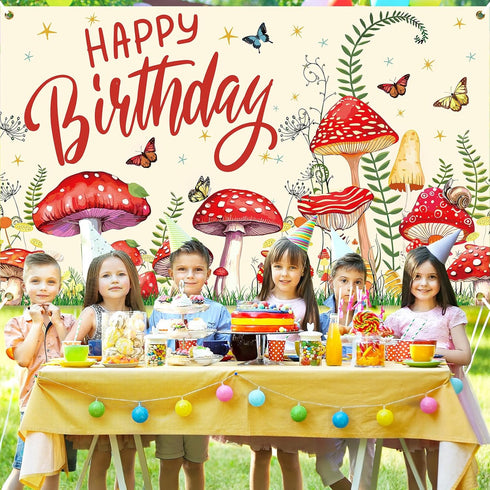 Mushroom Birthday Party Decorations, Mushroom Birthday Banner Backdrop Wildflower Party Banner Photo Photography