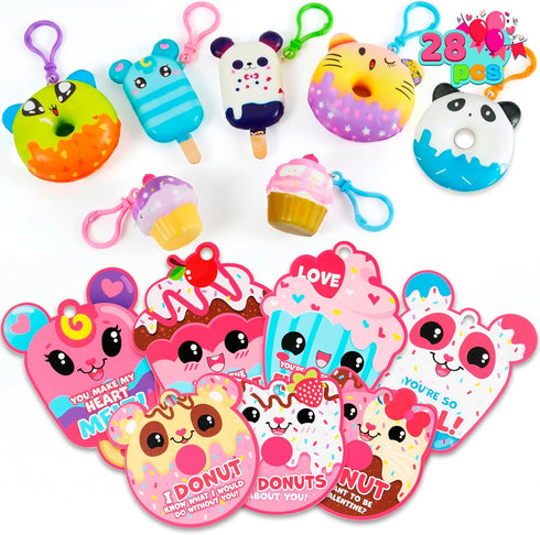 JOYIN 28 Packs Valentine Dessert squishy toys Stress Relief Keychains with Cards