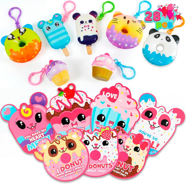 JOYIN 28 Packs Valentine Dessert squishy toys Stress Relief Keychains with Cards