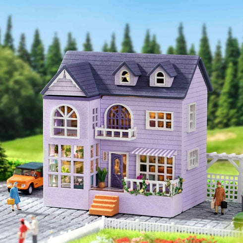 (D032) CUTEROOM Dollhouse Miniature with Furniture, DIY Wooden Dollhouse Kit Plus LED Lights, Creative Room