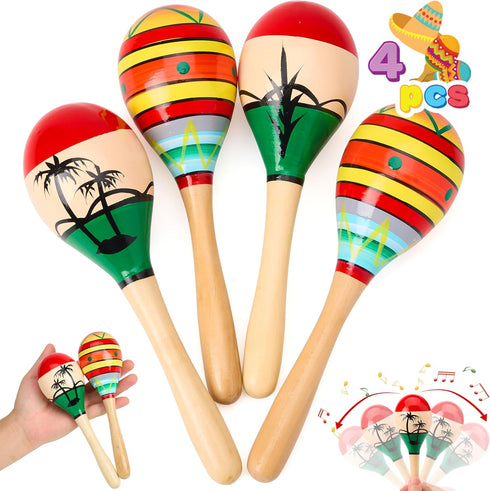JOYIN 4 PCS Wooden Maracas for Kids, 7.6" Musical Rattle Noisemaker for Fiesta Party Favors
