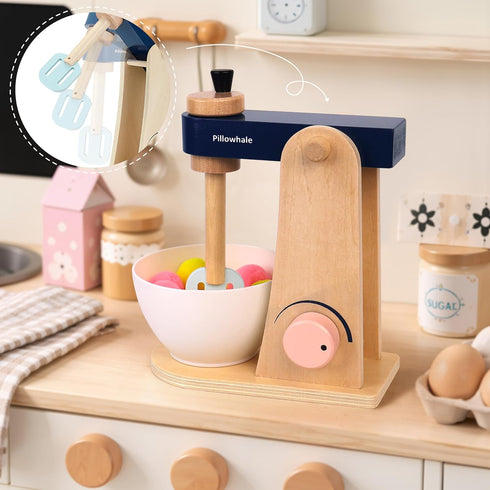 3+ 21pcs Set Pillowhale Wooden Kitchen Toys Mixer for Toddlers Age - Montessori Pretend Play Baking with Bowl & Rolling