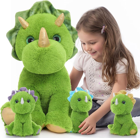 Muiteiur Giant Triceratops Stuffed Animal with 3 Baby Dinosaurs - Green Plush Toy Gift for Kids, 24.5 inch