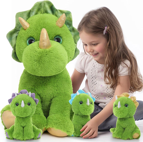 Muiteiur Giant Triceratops Stuffed Animal with 3 Baby Dinosaurs - Green Plush Toy Gift for Kids, 24.5 inch
