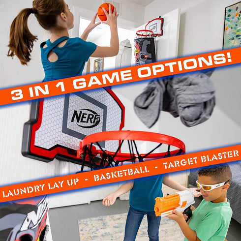 NERF Basketball Hoop Hamper - Over the Door Laundry Layup Basket + Mini Basketball Set