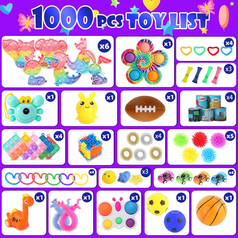 DKZ 1000Pcs Pack, Fidget Toys Bulk Party Favors for Kids, Stocking Stuffers, Treasure Box Chest, Birthday Party