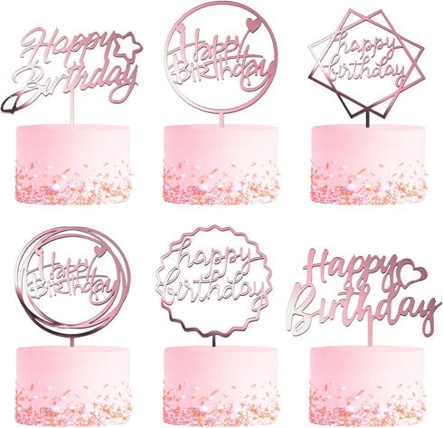 6-Pack Rose Gold Birthday Cake Topper Set, Double-Sided Glitter Acrylic Happy Birthday Sign for Party Decorations