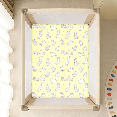 miaozhen 1 Pack 52x28 Cotton Baby Crib Sheets Ultra Soft Yellow Funny Cat Crib Mattress Sheet for Nursery sabanas para