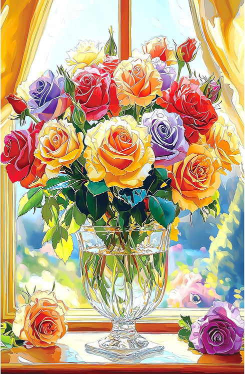 500-Piece 23x15 Inch MINIWAN Jigsaw Puzzle for Adults - Colorful Roses in Glass Vase, Challenging Puzzle, Floral Puzzle