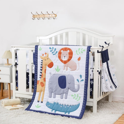 Elephant Crib Bedding Set for Boys, 5 Pieces Nursery Set Including Quilt/Fitted
