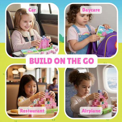 MonkeyTots Set 70PCS 3-5, 4-8, Magnetic Blocks Travel - Princess Castle Building Blocks, Travel Toys for Toddlers Ages
