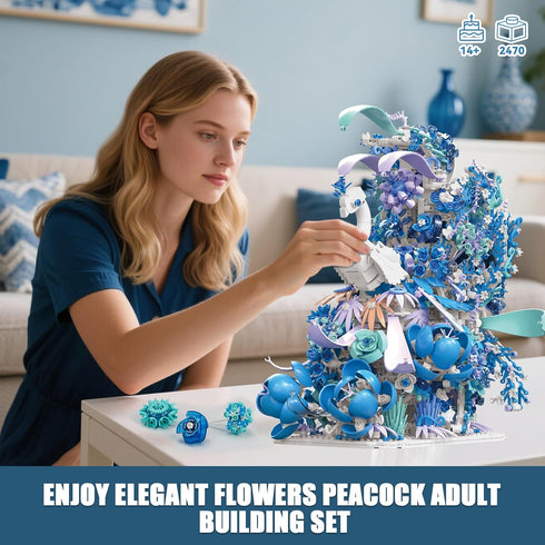 Set (2470 Blue Flowers Peacock Building for Adults - Creative Animal Botanicals Peacock Bird Toy Home Office Art Deocr