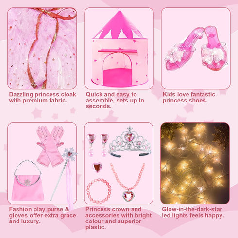 WTOR Princess Castle Play Tent Dress Up with LED Glow Stars, 15Pcs Cape & Crown for Girls, Indoor & Outdoor Use (Pink)