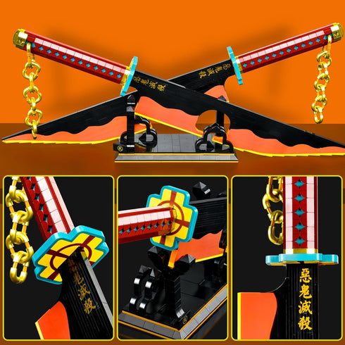 Cosplay Anime Swords Building Set - Double Blade Tengen Uzui Katana Block with Stand Model Kits for Ages 6+